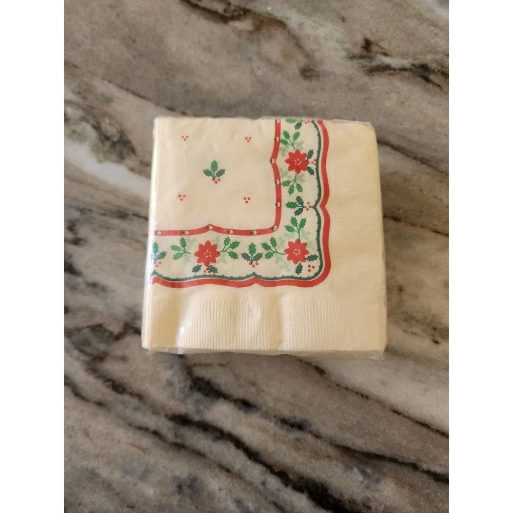 Vintage 90s Hallmark Beverage Napkins Christmas Poinsettia Holly Festive Holiday